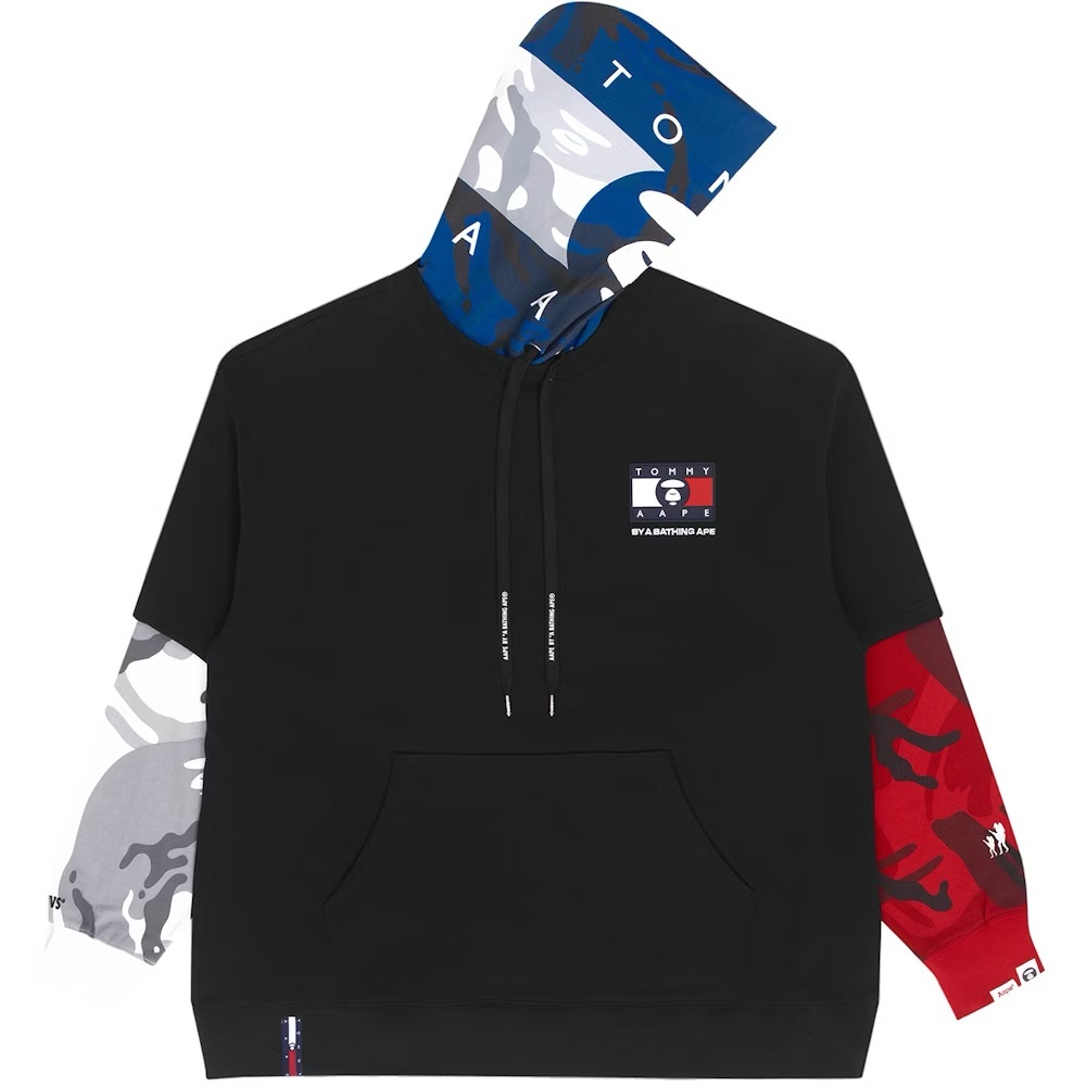 Tommy Hilfiger Men's Black Hoodie with Red and Blue Camo Accents